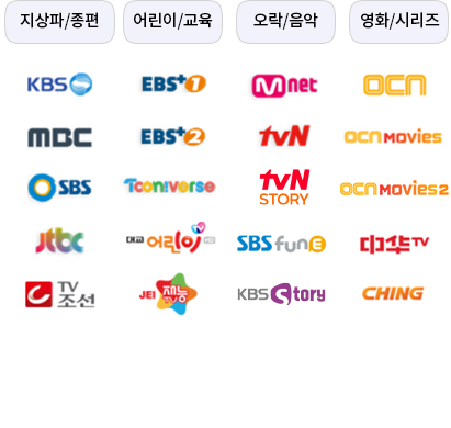 KBS, MBC, SBS, JTBC, tvN, EBS+1, EBS+2, Tooniverse, 
						M Net, XTM, EVENTTV, OGN, CGV, OCN, superAction